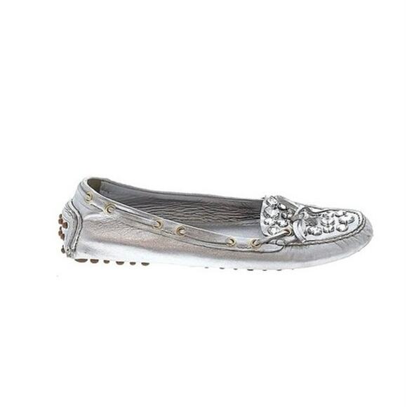Prada Shoes - Prada Original Car Shoe Loafers Moccasins Leather Silver Rhinestone Metallic